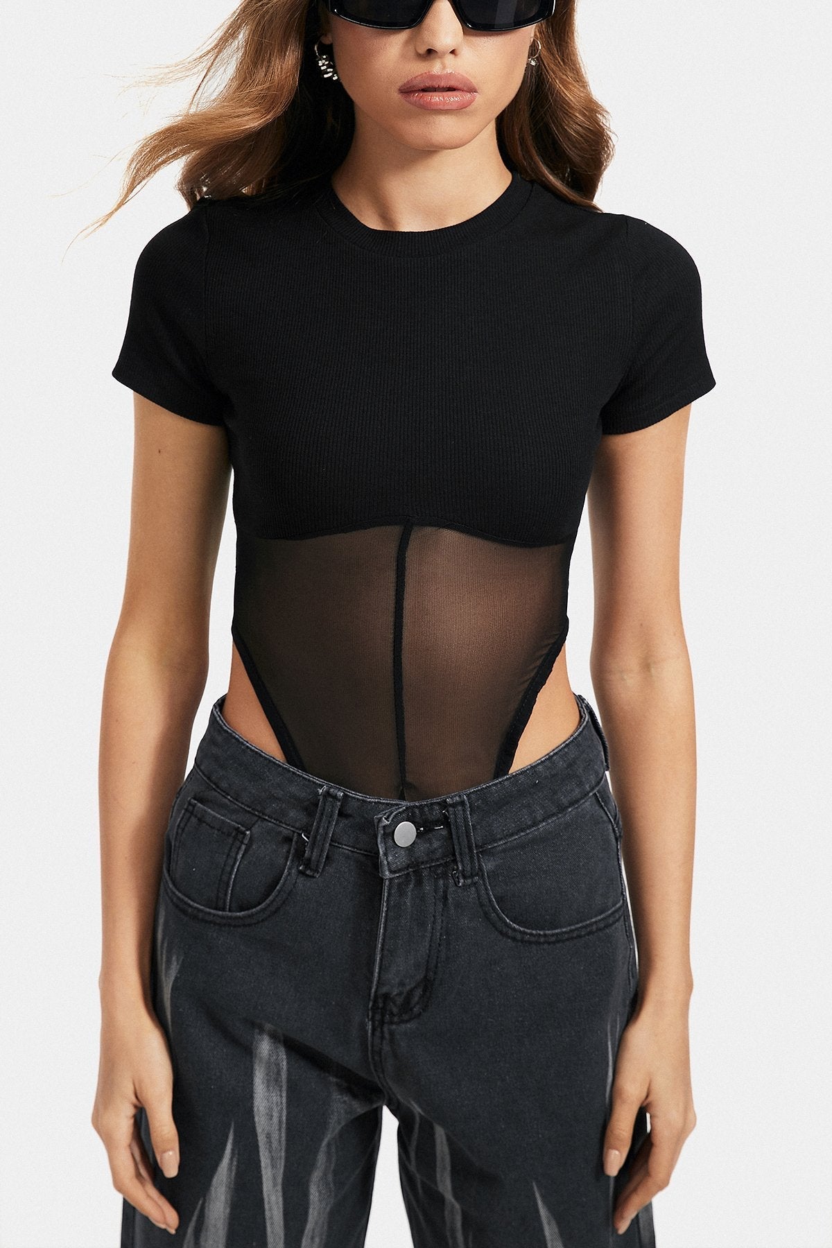 Mesh Splicing Short Sleeve Solid Bodysuit
