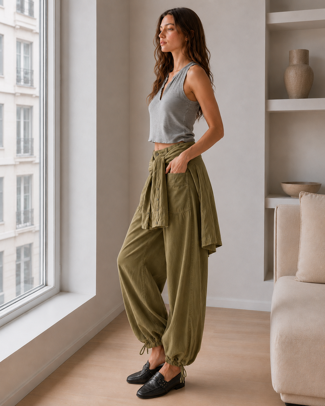 Ruched Mid Rise Wide Leg Jeans