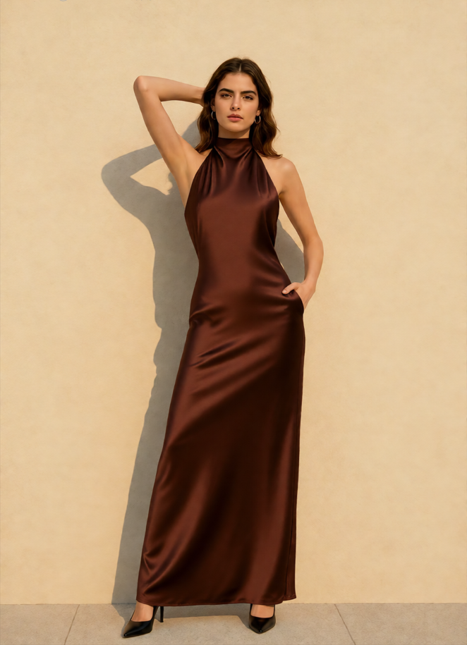 Vintage Solid Satin Backless Maxi Dress