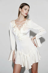 Lace-Up Ruffle V Neck A-Line Mini Dress