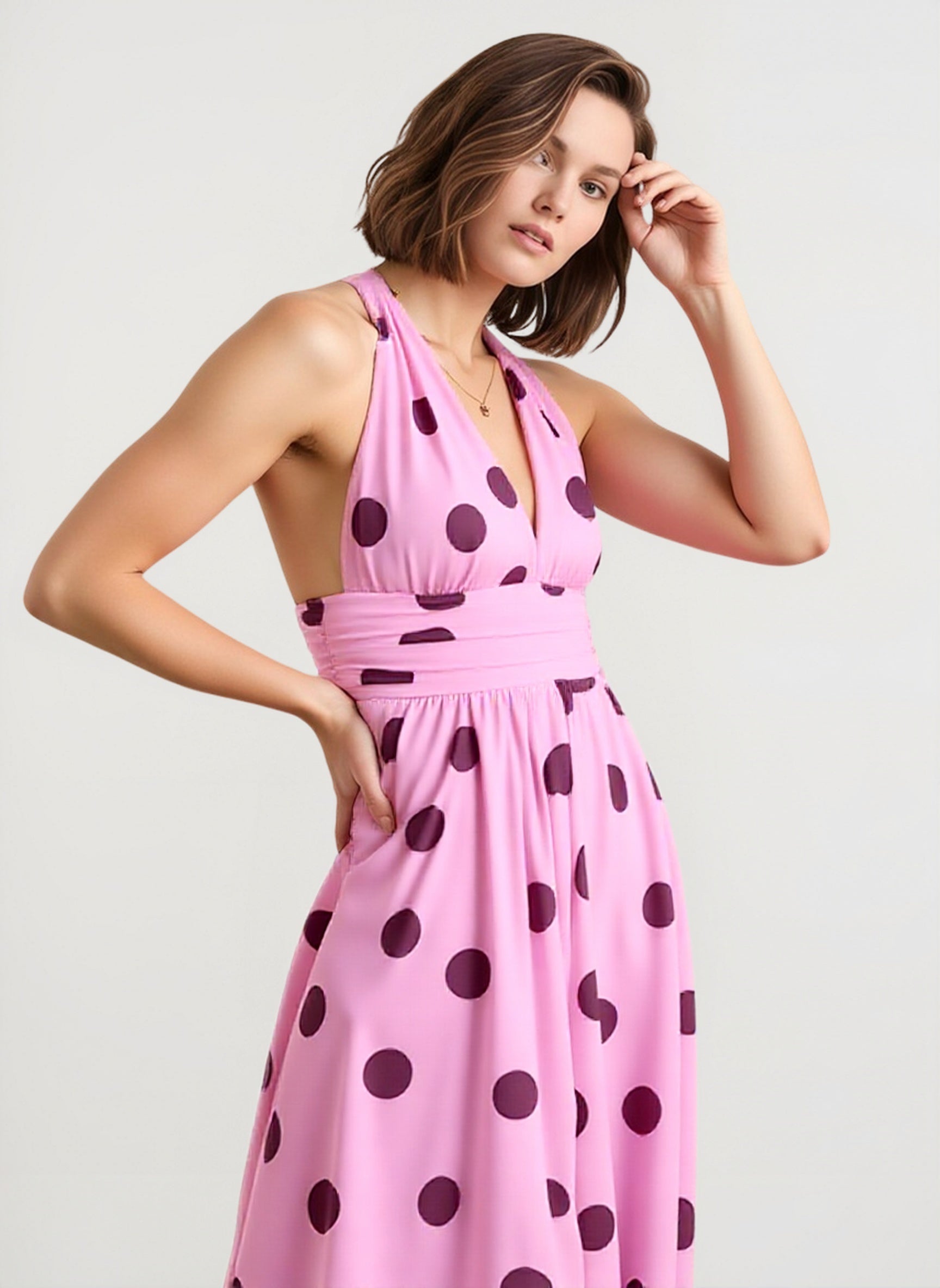 Vintage Polka Dot Halter V-neck Maxi Dress