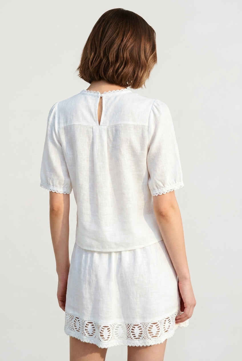 Linen Short Sleeve Blouse Skirt Vacation Set