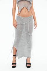 Low Waist Drawstring Split Hem Knitted Maxi Skirt
