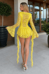 Lace Ruffle Tie Long Sleeve Mini Dress