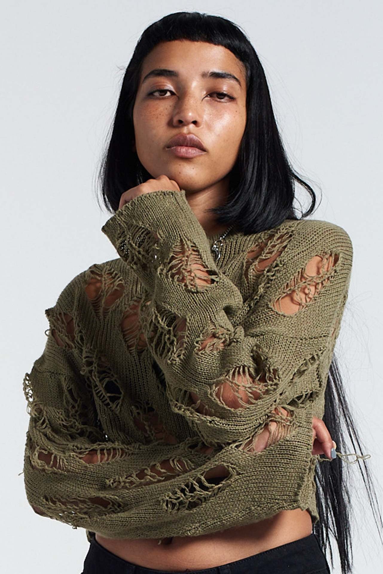Round Neck Ripped Open Knit Long Sleeve Top