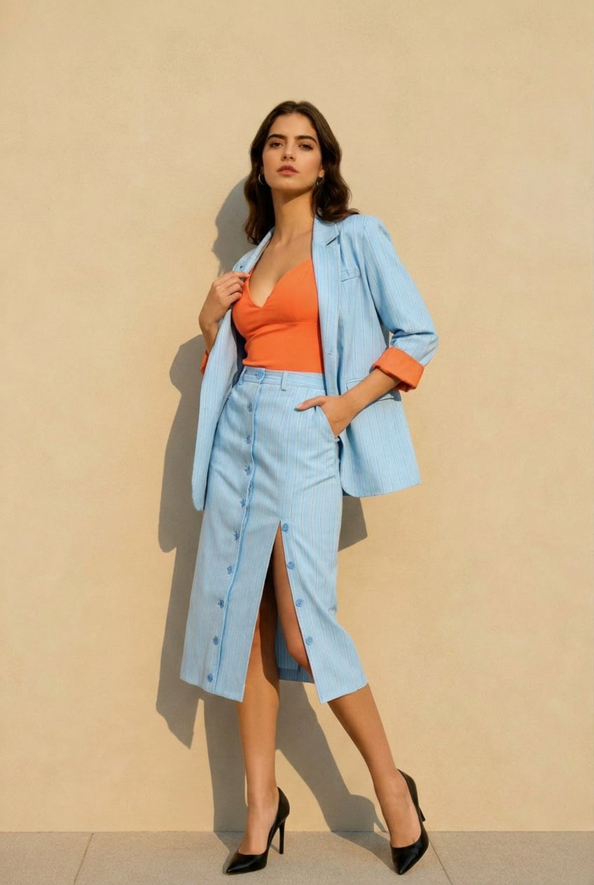 Striped Lapel Long Sleeve Blazer Split Bodycon Two Piece Set