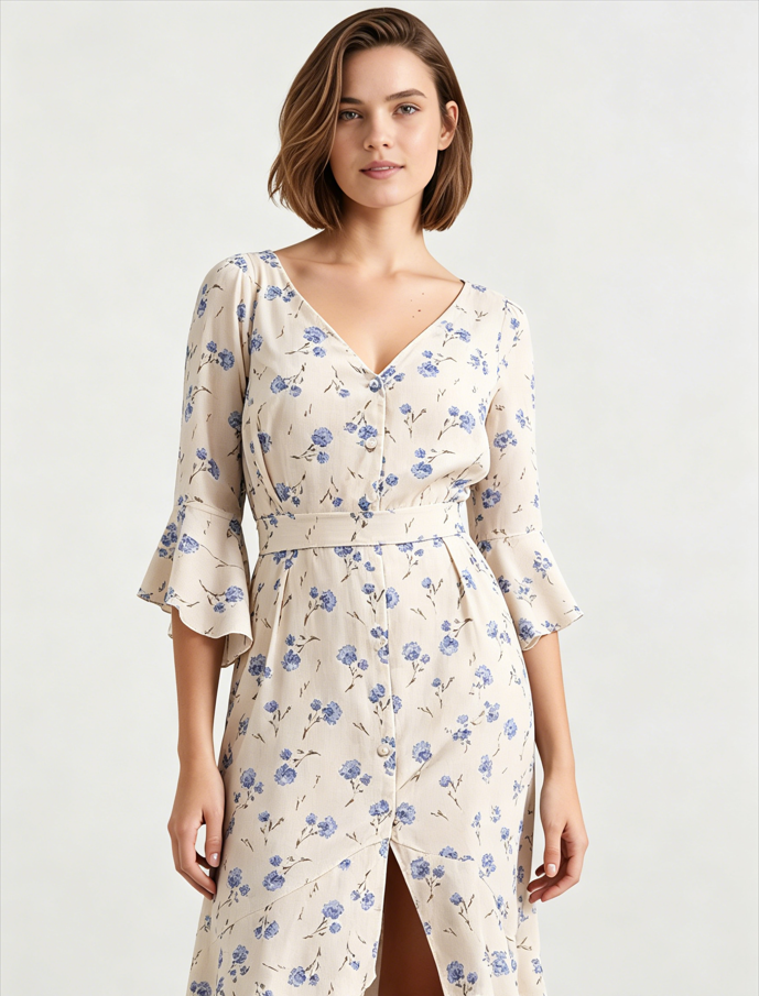 Asymmetric Ruffled Sleeve High Waist Floral Dress