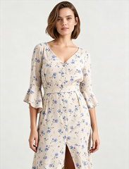Asymmetric Ruffled Sleeve High Waist Floral Dress
