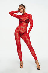 Mock Neck Lace Long Sleeve Jumpsuit Without Underwear & Waist Chain