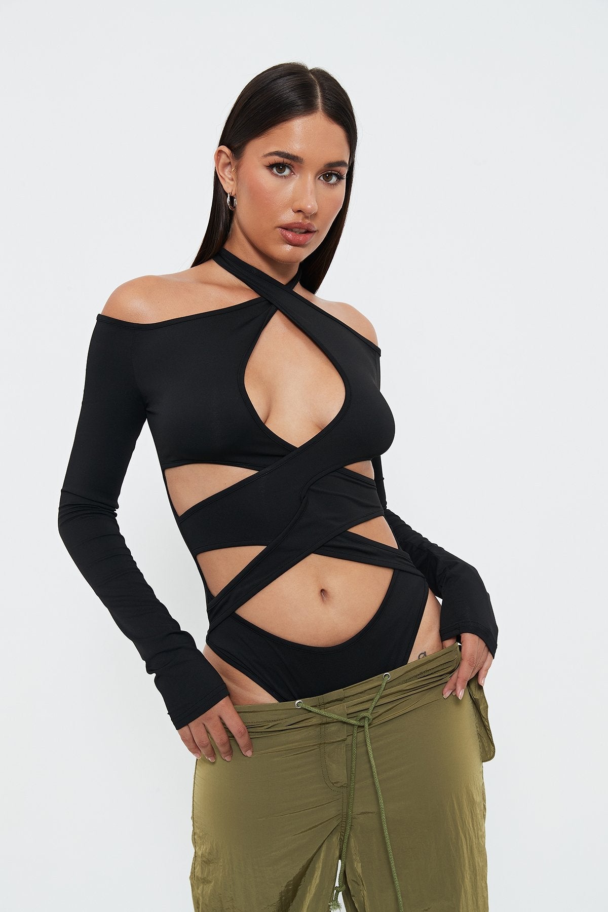 Halter Neck Cut Out Cold Shoulder Long Sleeve Bodysuit