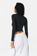 Lapel Neck Colorblock Trim Zip Up Long Sleeve Top