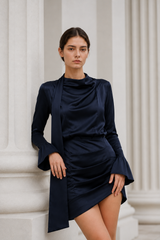 Matte Satin Ruffle Sleeve Stand Collar Mini Dress