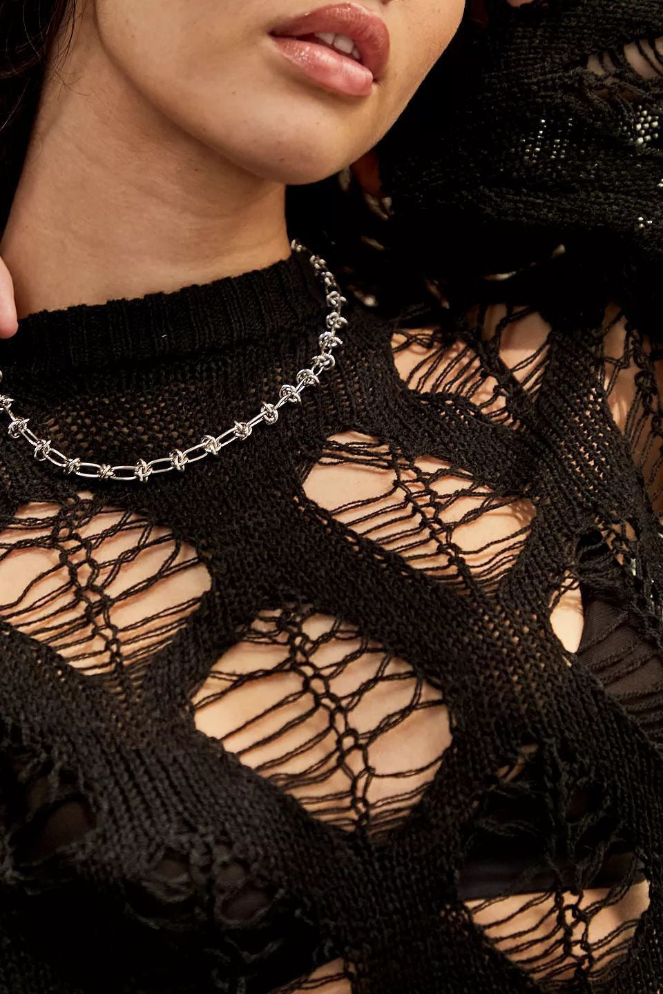 Round Neck Ripped Open Knit Long Sleeve Top