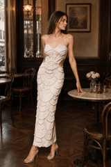 Sequin Beaded Cutout Waist Spaghetti Strap Evening Dress