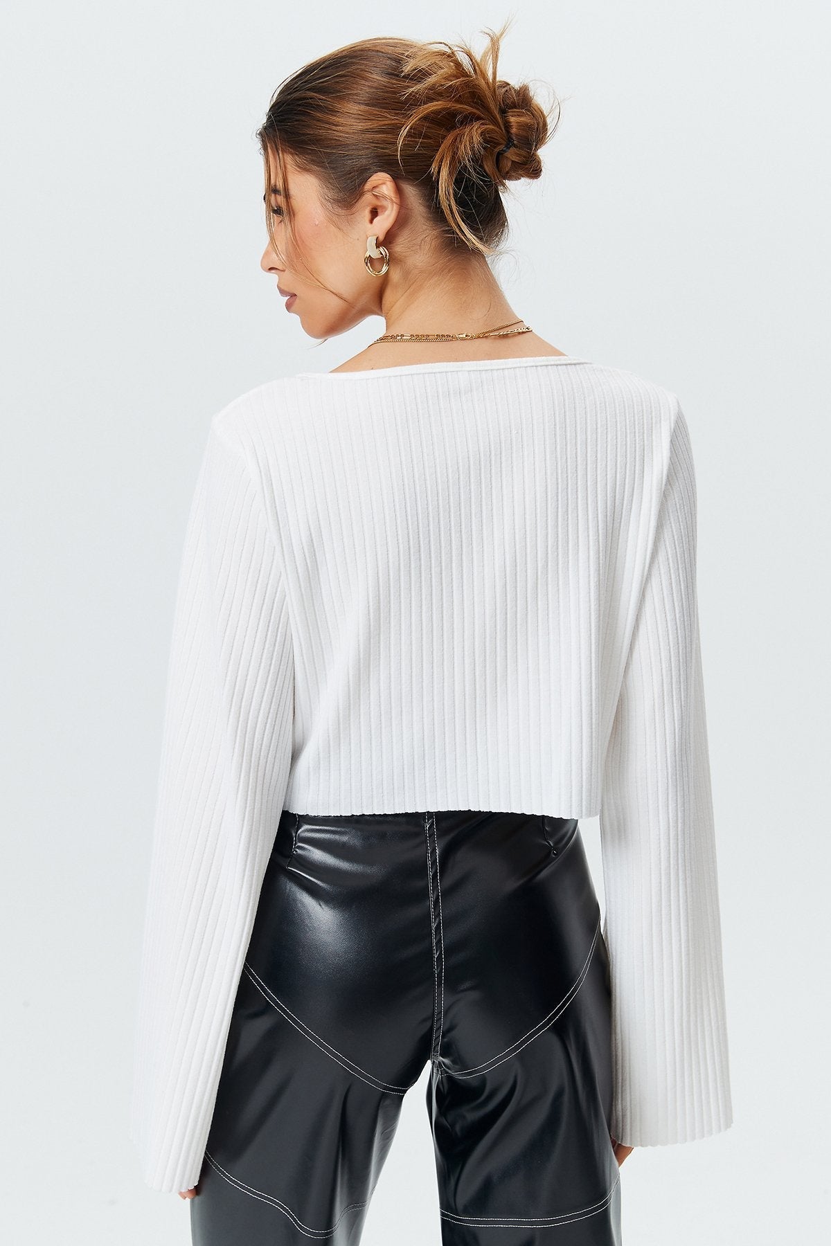 Crop Ribbed Zipper Front Long Sleeve Blouse