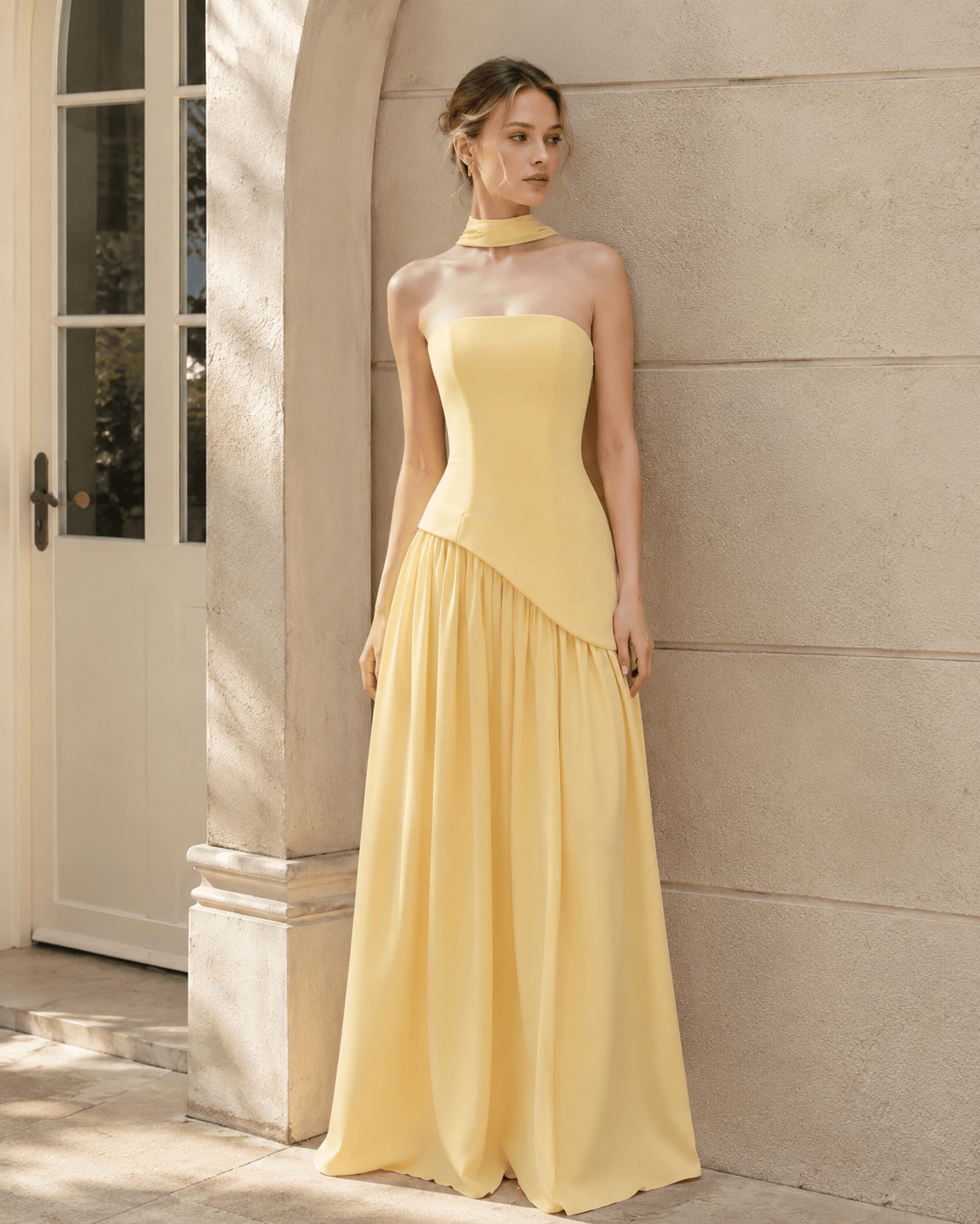 Solid Bustier High Slit Formal Dress