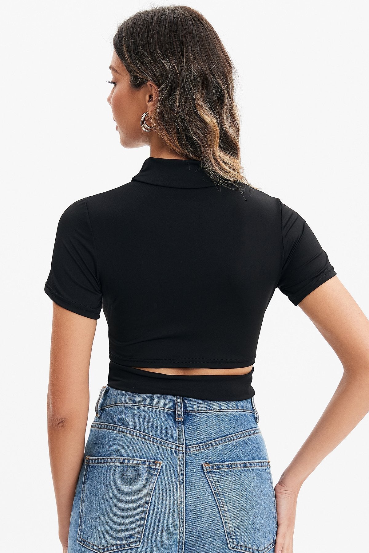 Solid Cut Out Mock Neck Crop Top