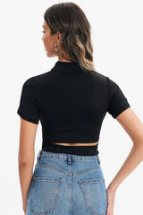 Solid Cut Out Mock Neck Crop Top