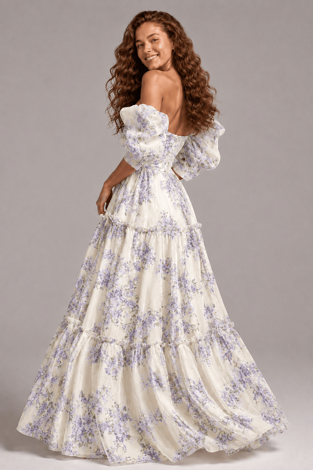 Floral Print Off Shoulder Puff Sleeve Organza Maxi Dress