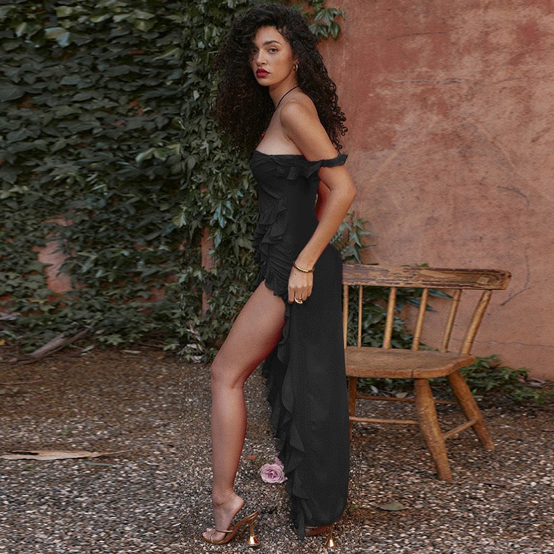 Asymmetric Multi Strap Ruffle Detail Maxi Dress
