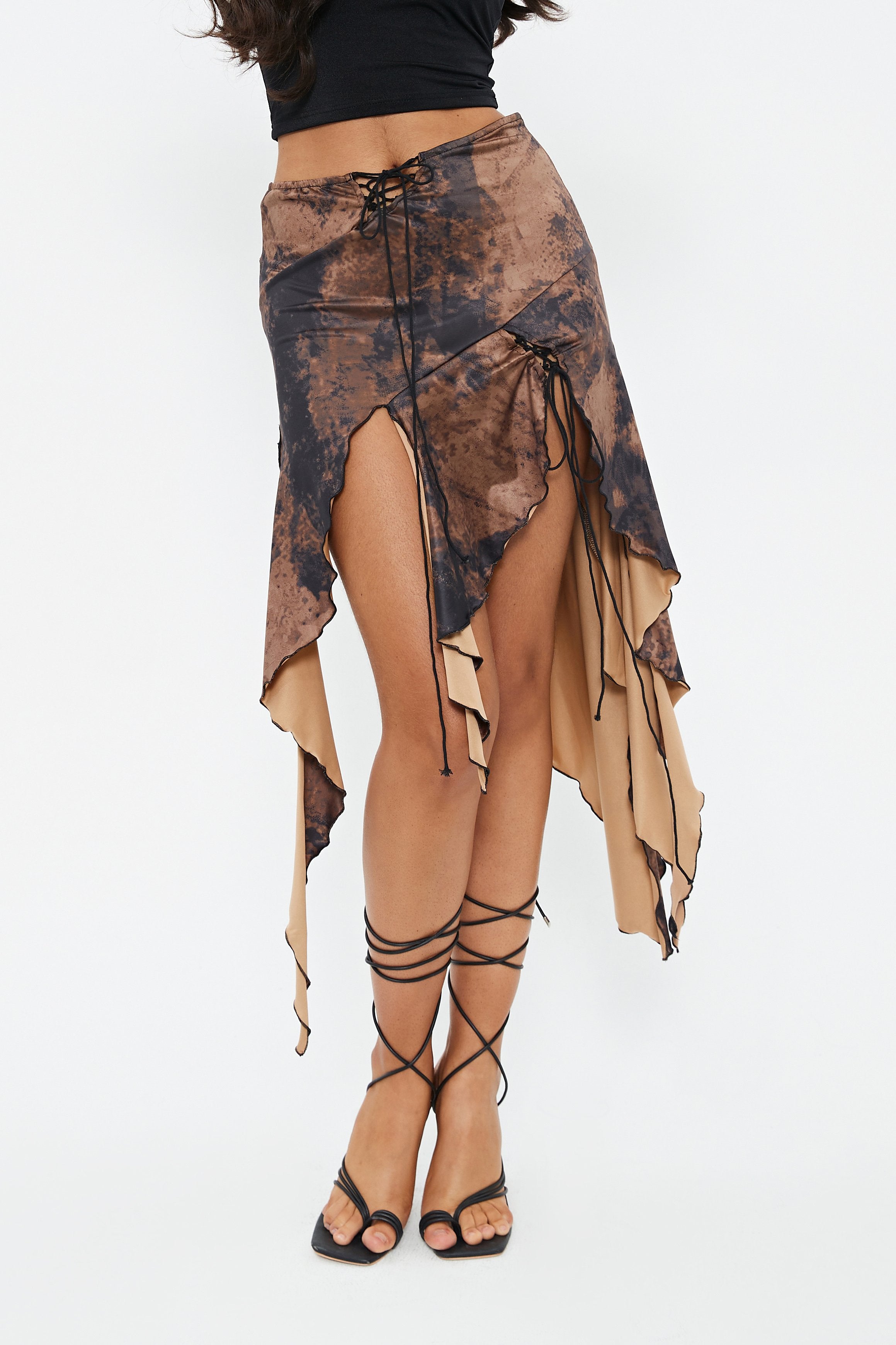 Lace Up Abstract Print Asymmetrical Hem Midi Skirt