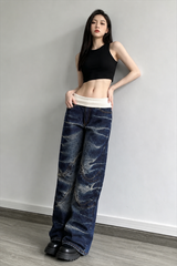 Washed Distressed Sporty Waist Wide Leg Jeans