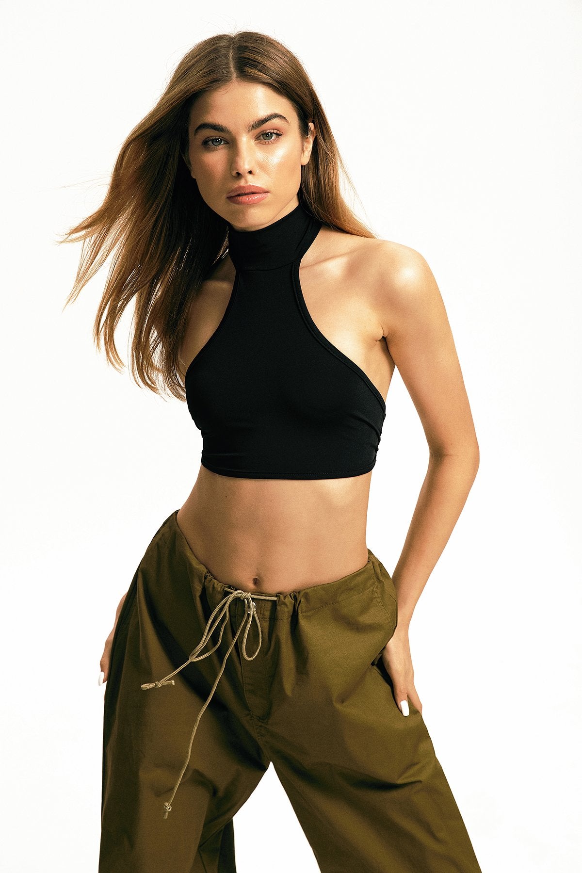 Mock Neck Sleeveless Open Back Tie Crop Top