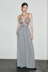 Deep V Striped Halter Vacation Dress