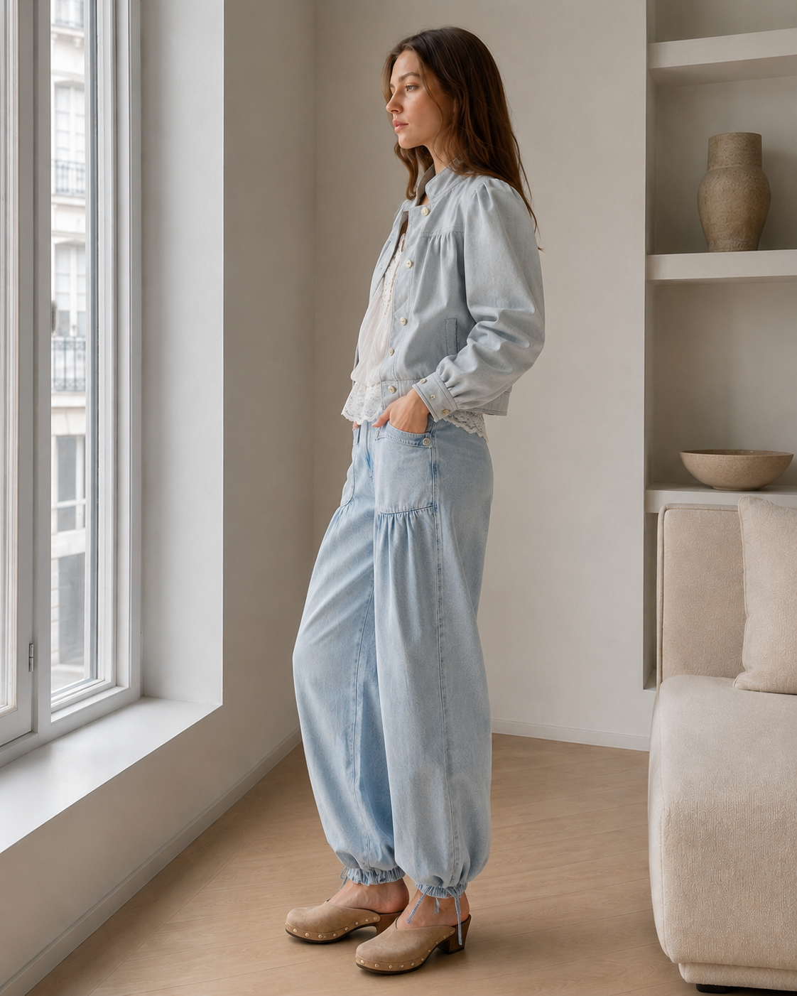 Ruched Mid Rise Wide Leg Jeans