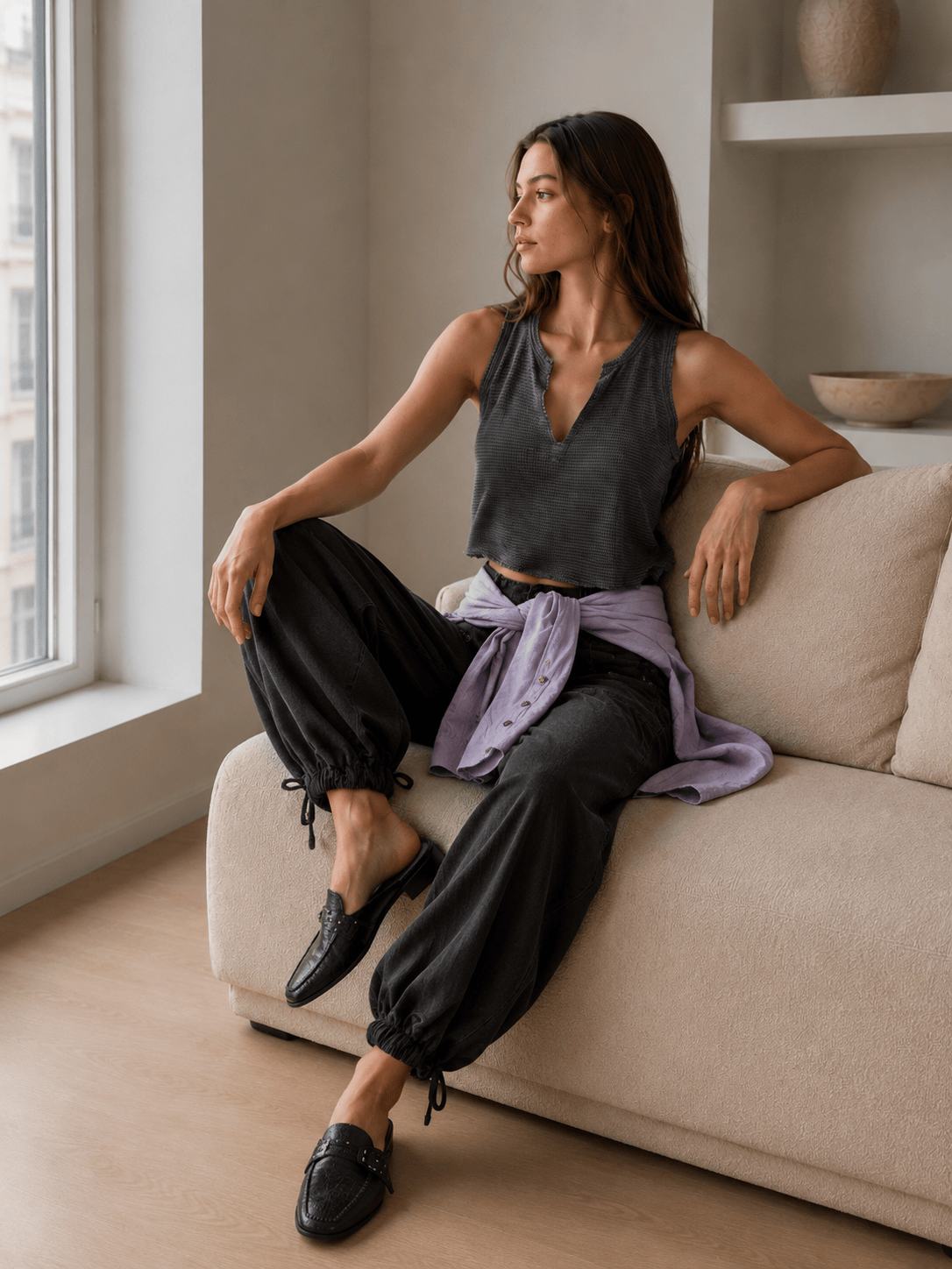 Ruched Mid Rise Wide Leg Jeans