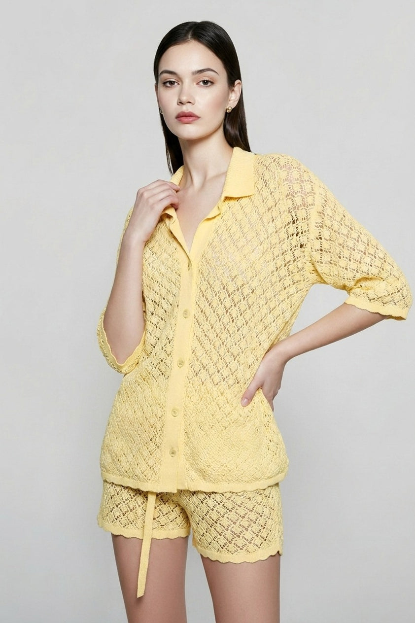 Crochet Lace Button Down Cardigan Vacation Set