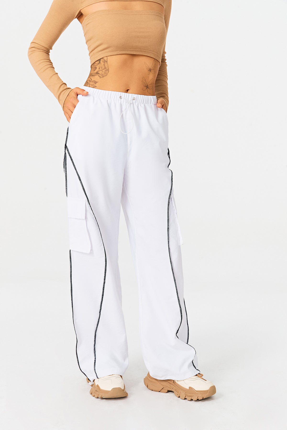 Low Waist Colorblock Trim Dual Pocket Cargo Pants