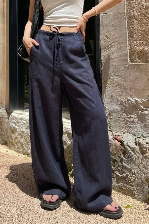 Linen High Waist Draped Wide Leg Pants