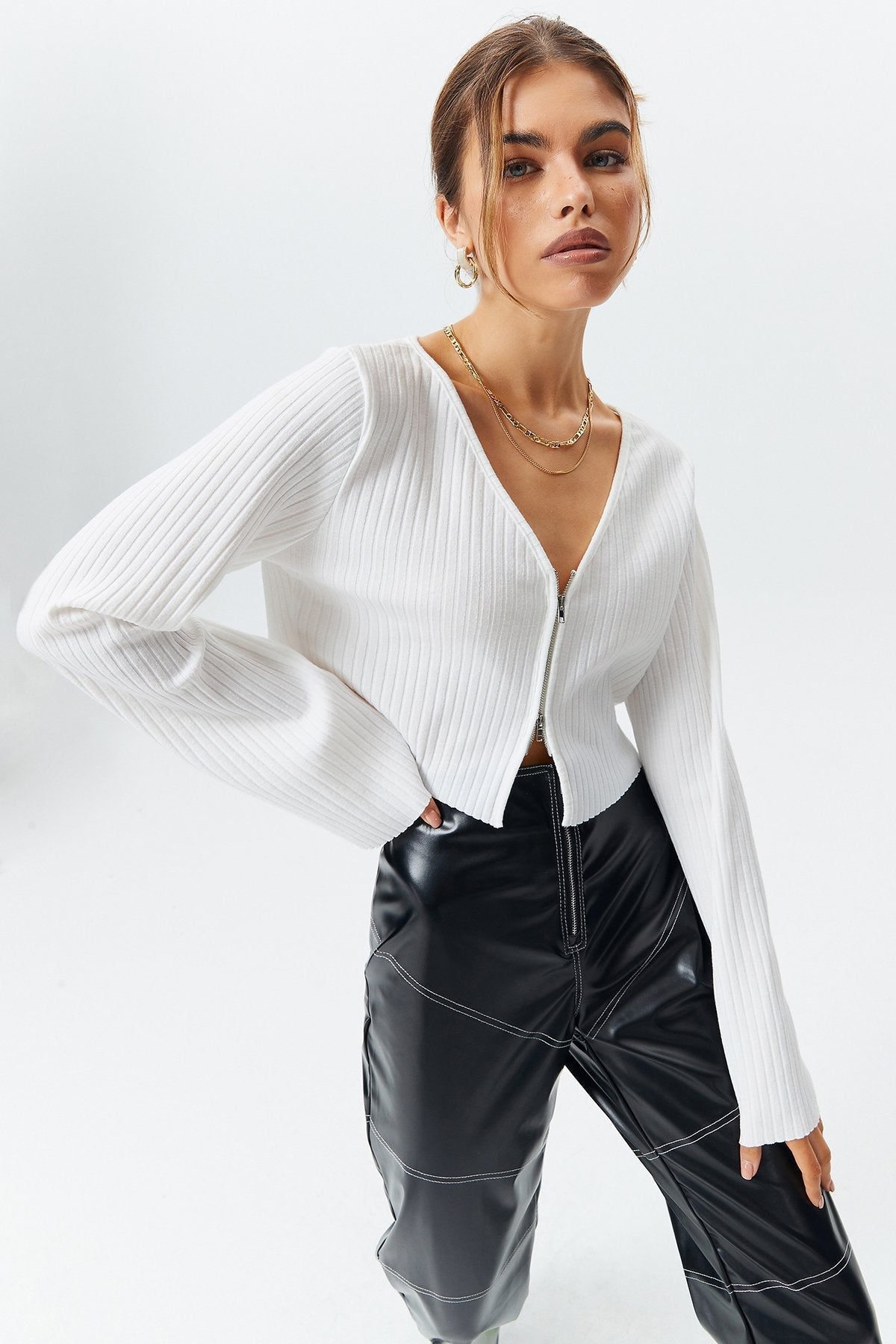 Crop Ribbed Zipper Front Long Sleeve Blouse