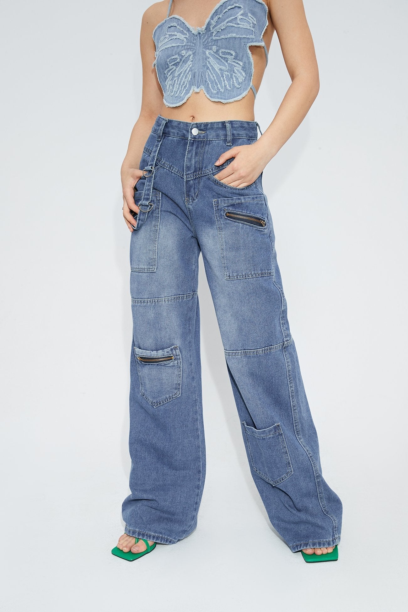 Low Waist Pocket Patched Wide Leg Jeans