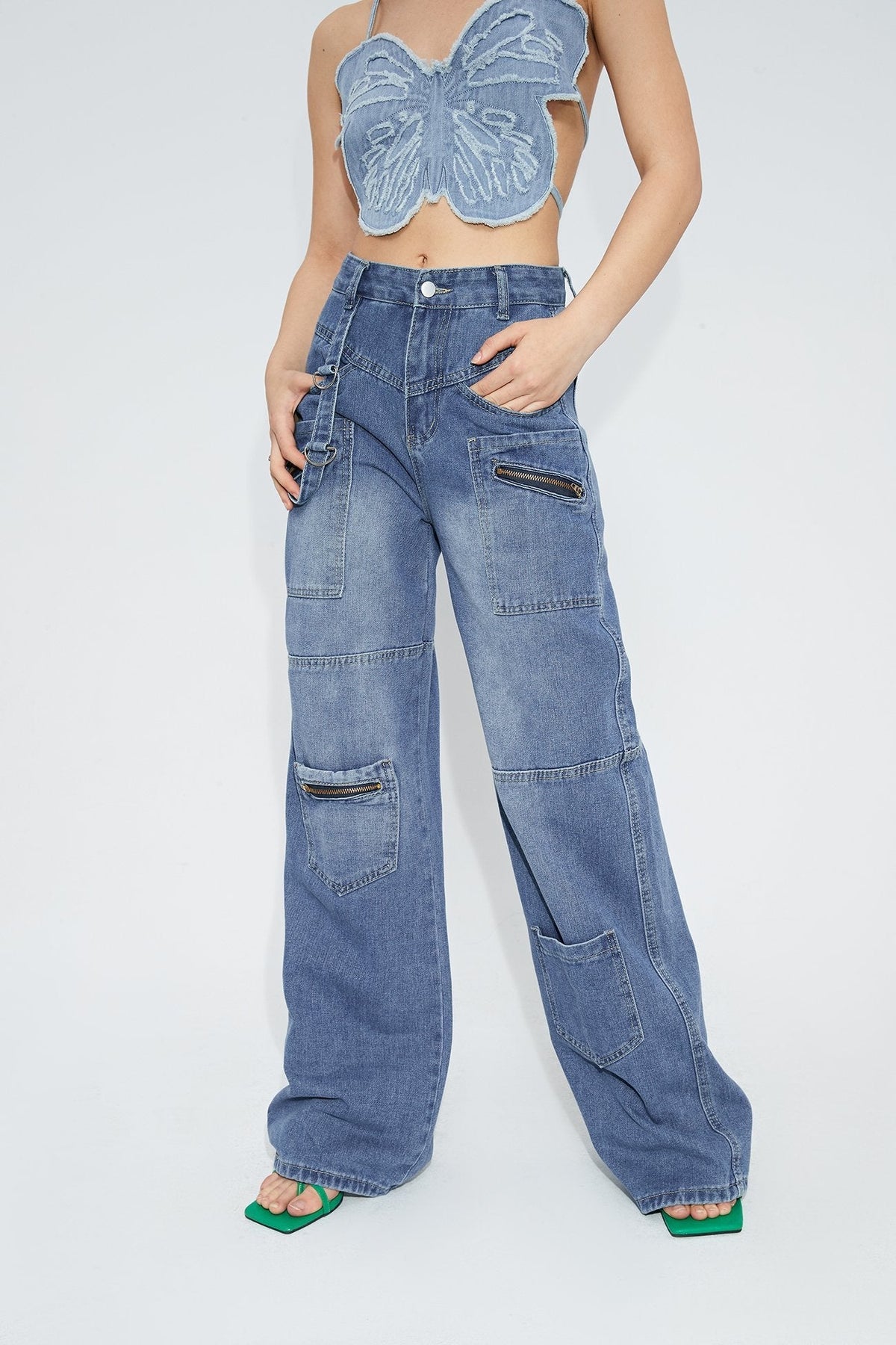 Low Waist Pocket Patched Wide Leg Jeans