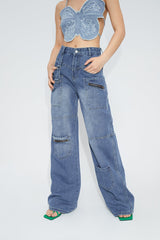 Low Waist Pocket Patched Wide Leg Jeans