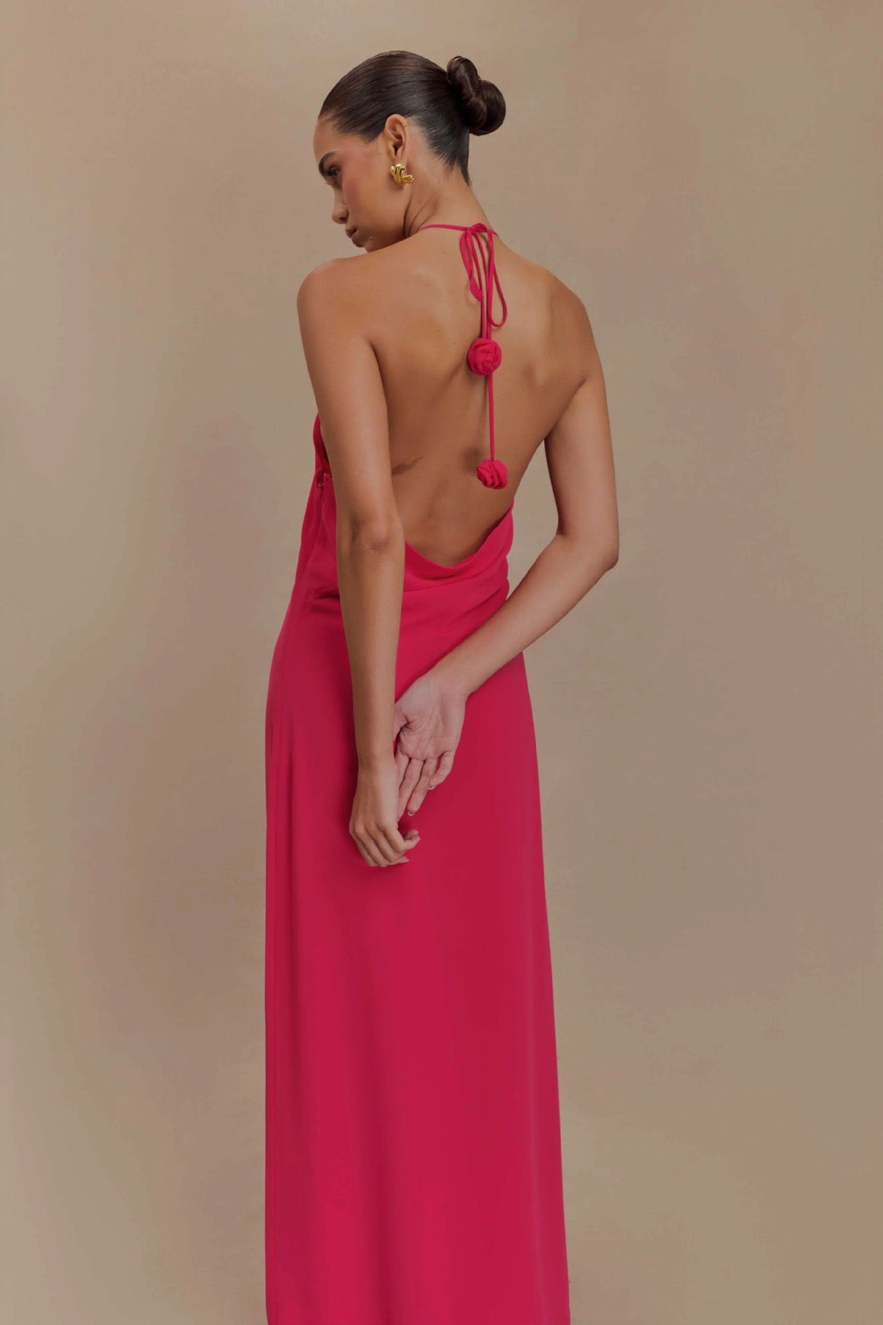 Satin Rosette Decor Halter Long Dress