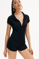 Ribbed Lapel Neck Button Front Romper Playsuit