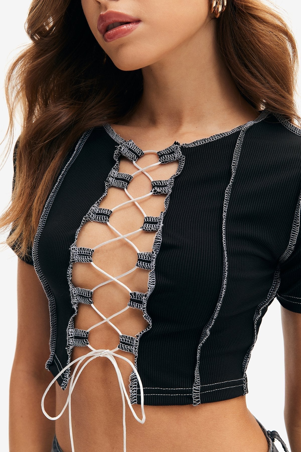 Lace Up Short Sleeve Seam Detail Crop Top