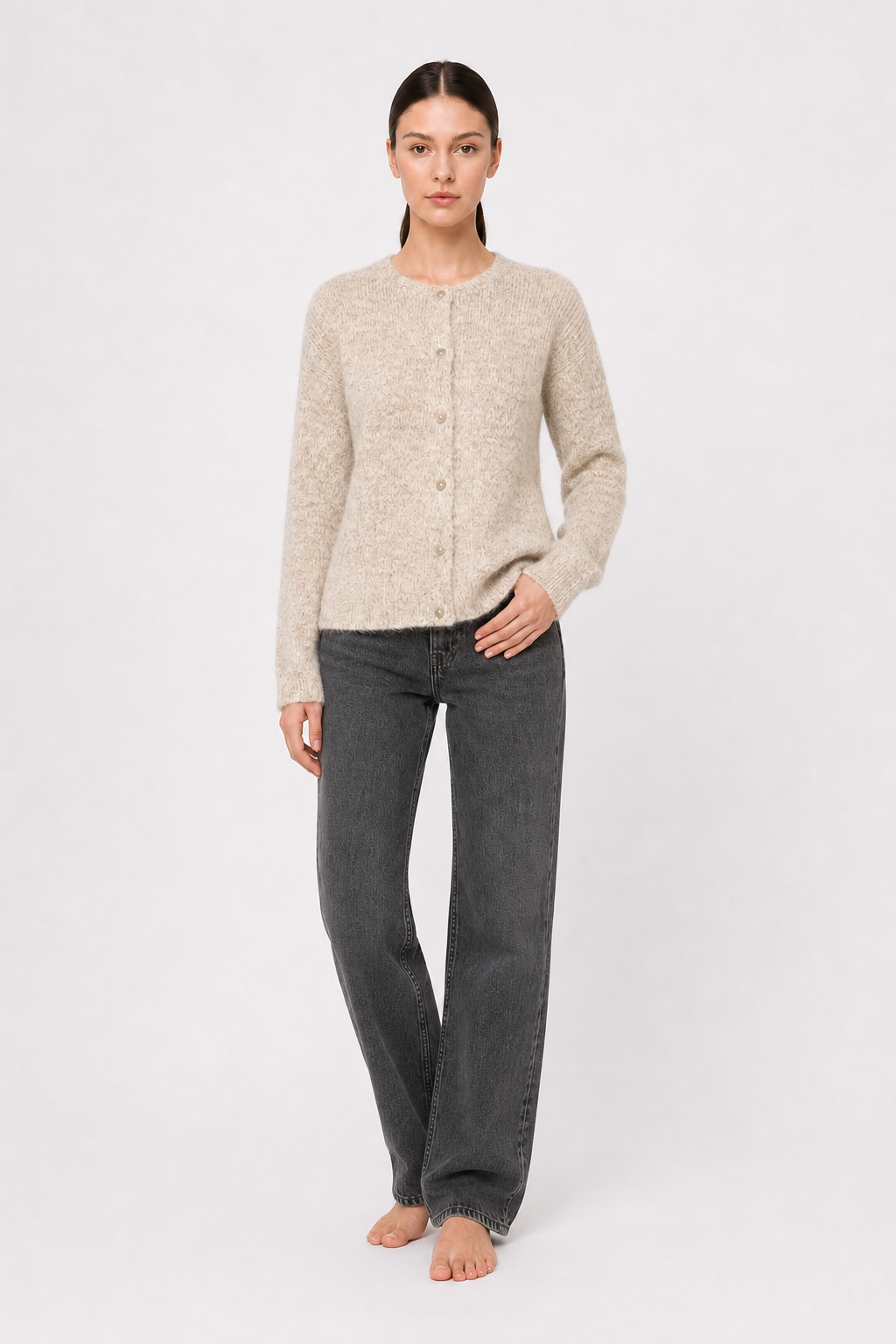 Soft Gray Vintage Shell-Button Knit Cardigan