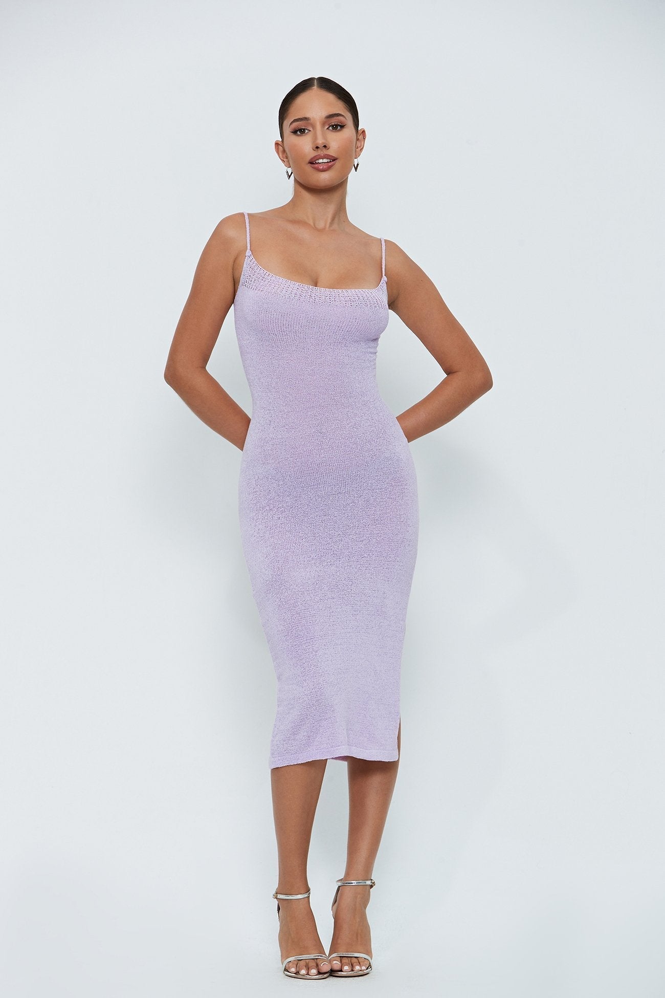 Plunging Neck Lace Up Split Hem Knitted Midi Dress