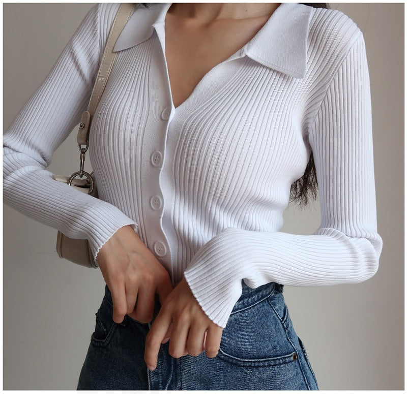 Button Up V-Neck Collar Long Sleeve Rib Knit Top