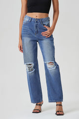 Low Waist Ripped Washed Dual Pocket Straight Pants