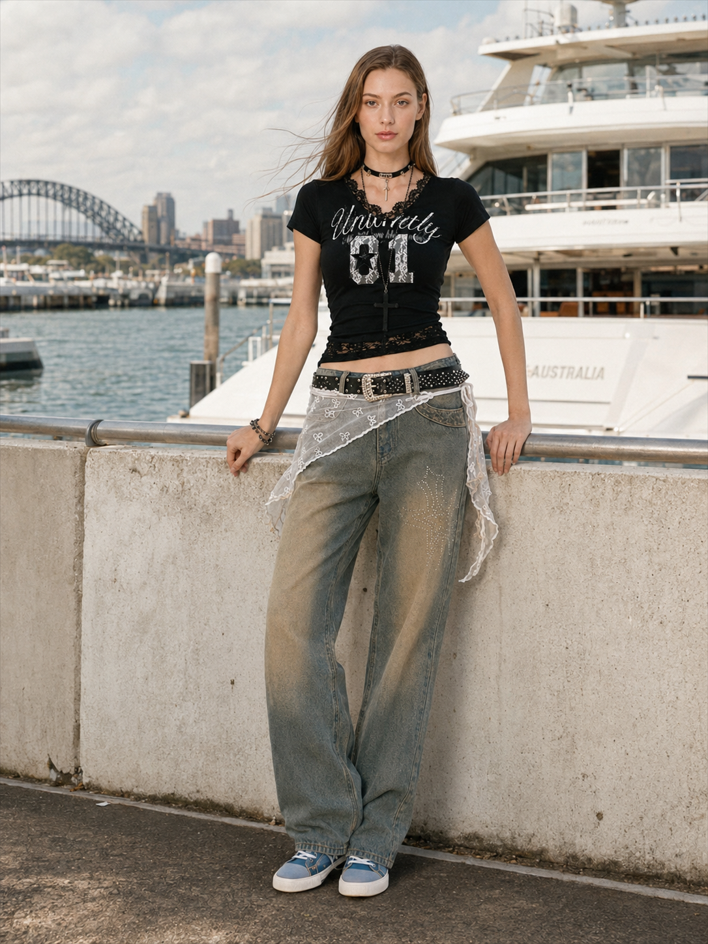 Lace Patchwork Cropped Slim T-shirt