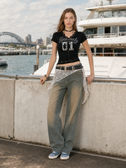Lace Patchwork Cropped Slim T-shirt