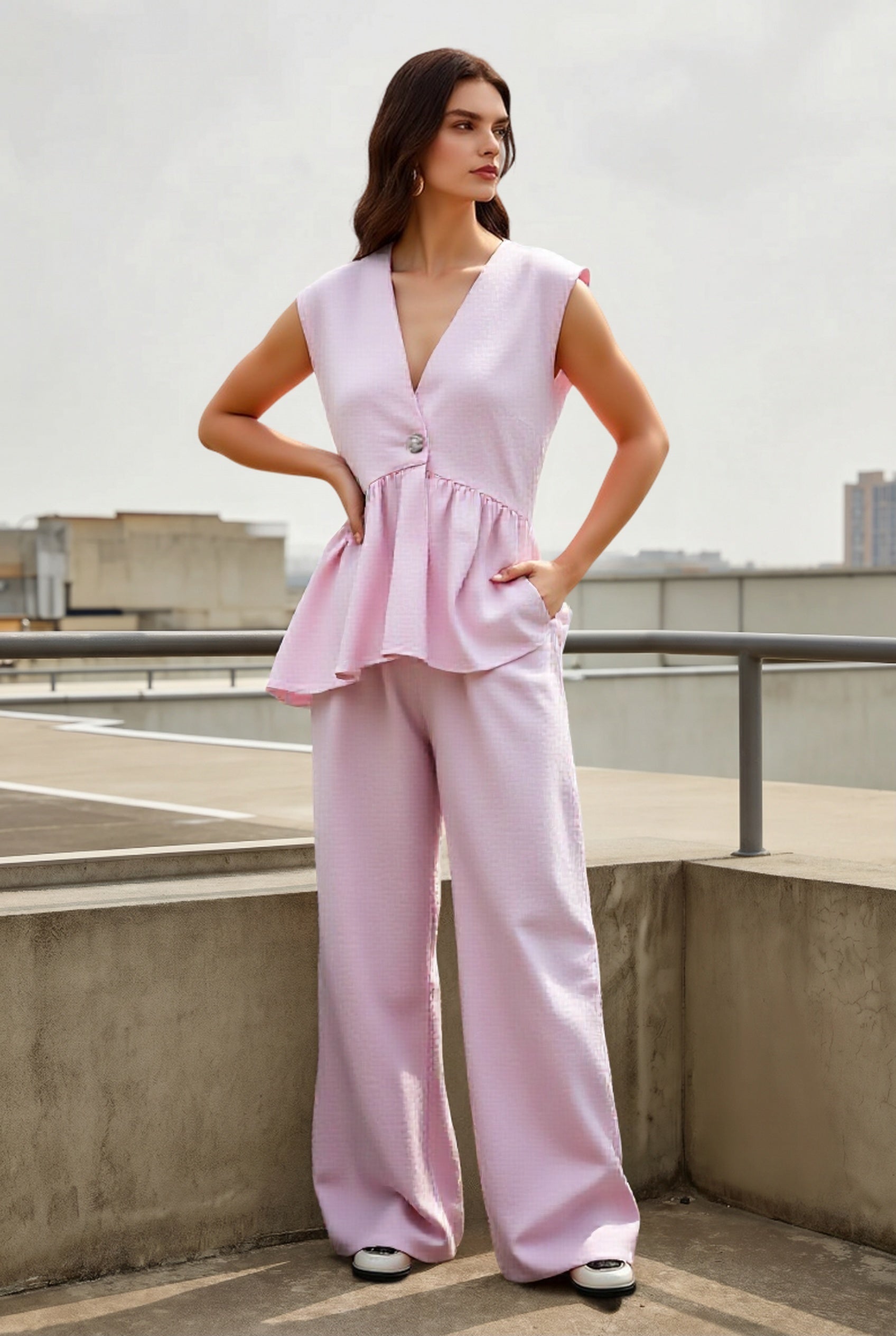Romantic Cotton V Neck Sleeveless Vest Pants Two Piece Set