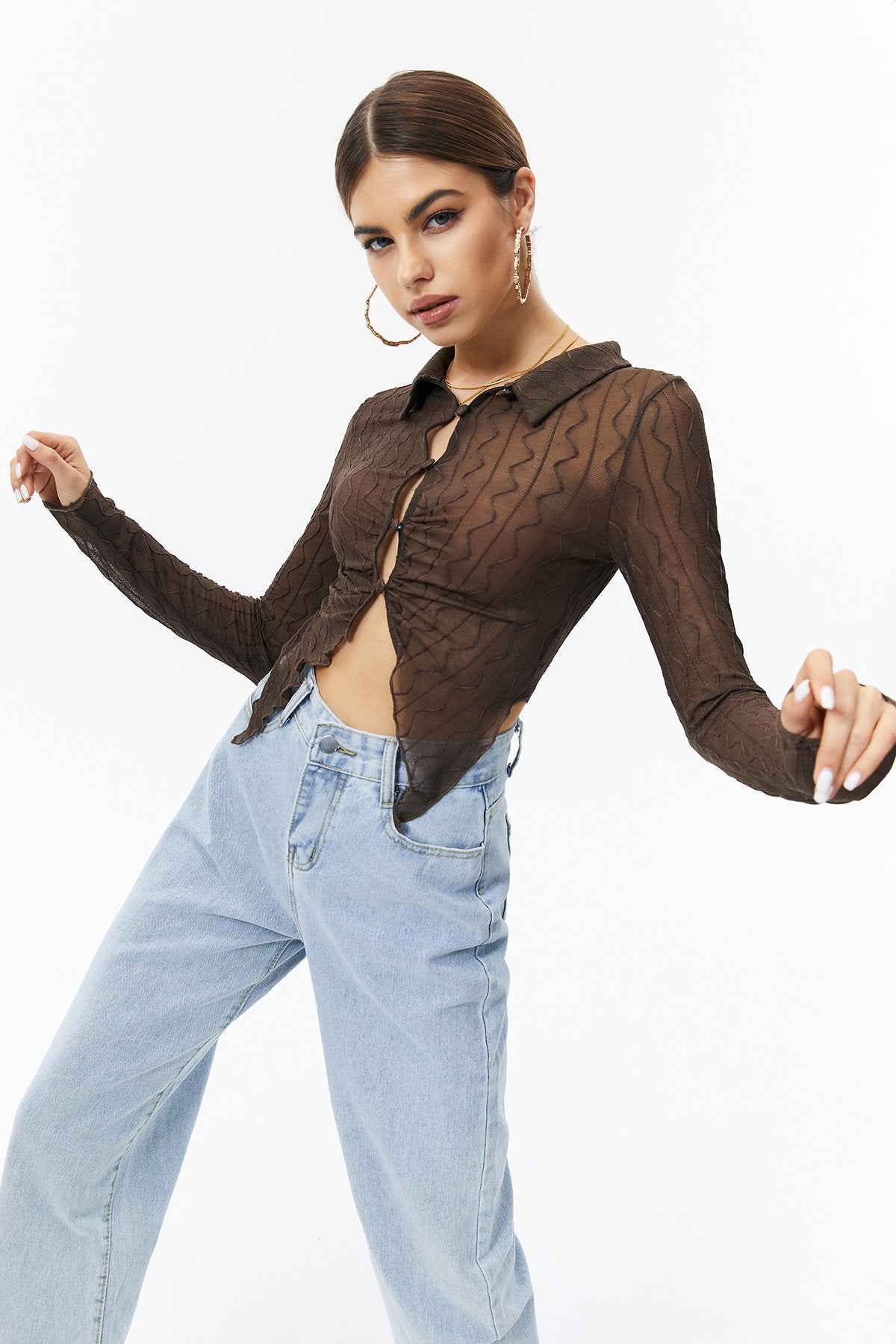 Lettuce Trim Split Hem Mesh Long Sleeve Top