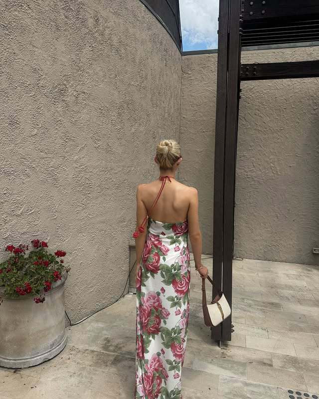 Satin Rosette Decor Halter Long Dress