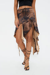 Lace Up Abstract Print Asymmetrical Hem Midi Skirt